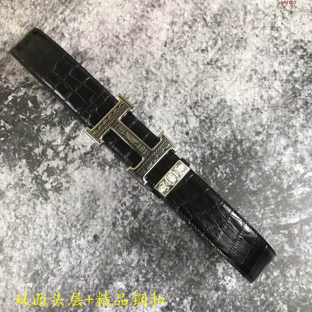 爱马仕男士休闲腰带38MM宽头层压鳄鱼纹牛皮搭配