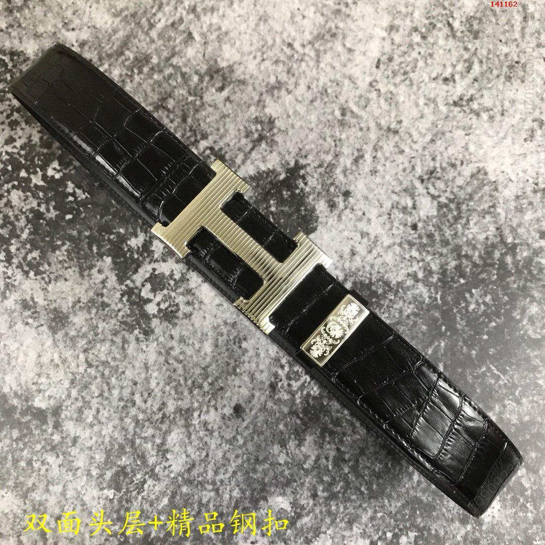 爱马仕男士休闲腰带38MM宽头层压鳄鱼纹牛皮搭配
