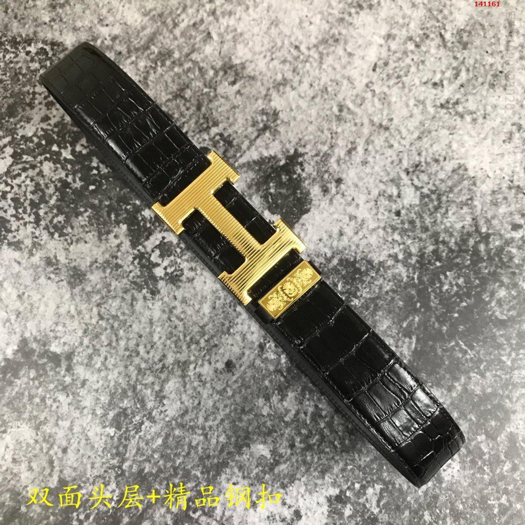 爱马仕男士休闲腰带38MM宽头层压鳄鱼纹牛皮搭配
