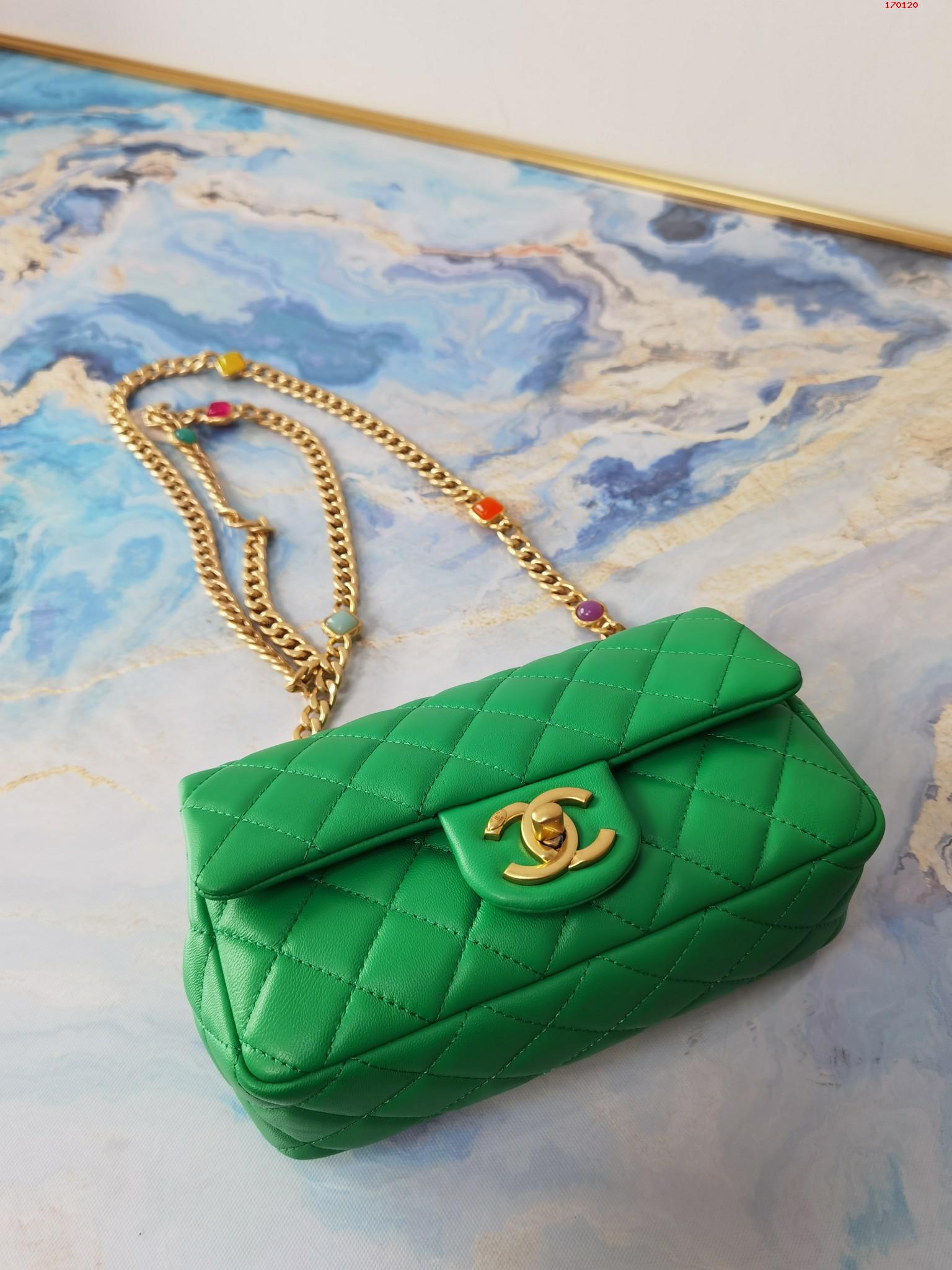 Chanel 21早春宝石链条包 绿色 爆款五彩宝石口盖包 高仿香奈儿链条包 AS2380