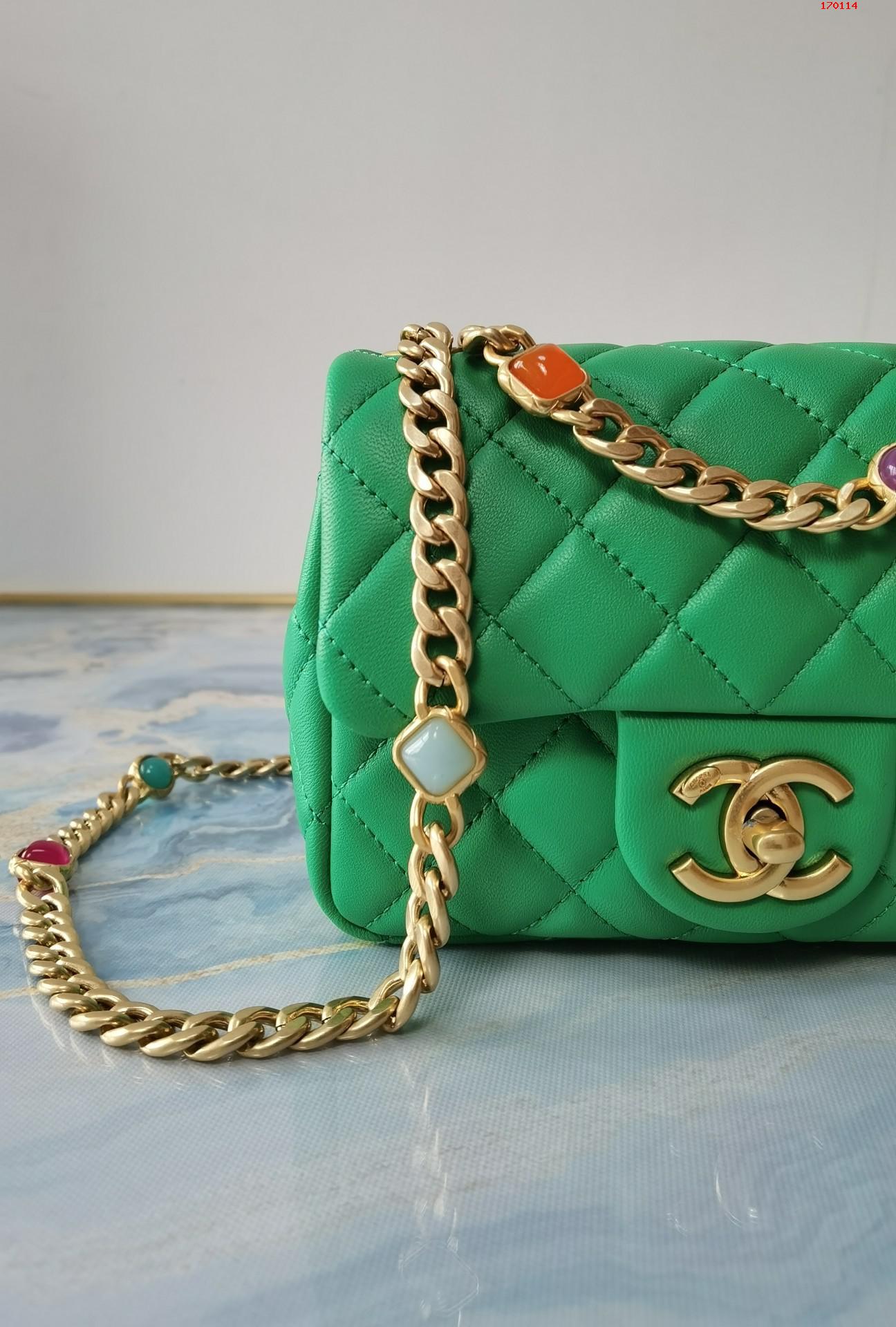 Chanel 草绿色 21早春宝石链条包 爆款五彩宝石口盖包 高仿香奈儿链条包 AS2379