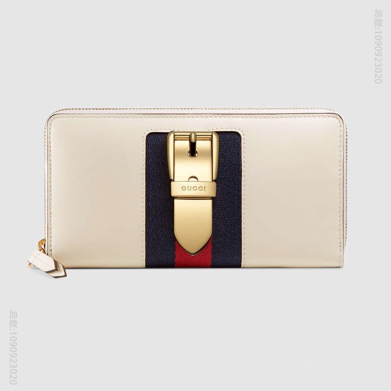 476083 GUCCI Sylvie 系列 皮革 蓝红尼龙织带拼皮 全拉链式皮夹 白色
