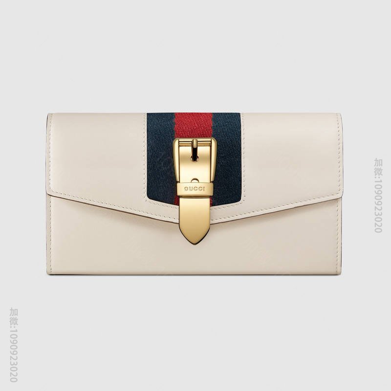 476084 GUCCI Sylvie 系列 皮革 蓝红尼龙织带拼皮 长款皮...