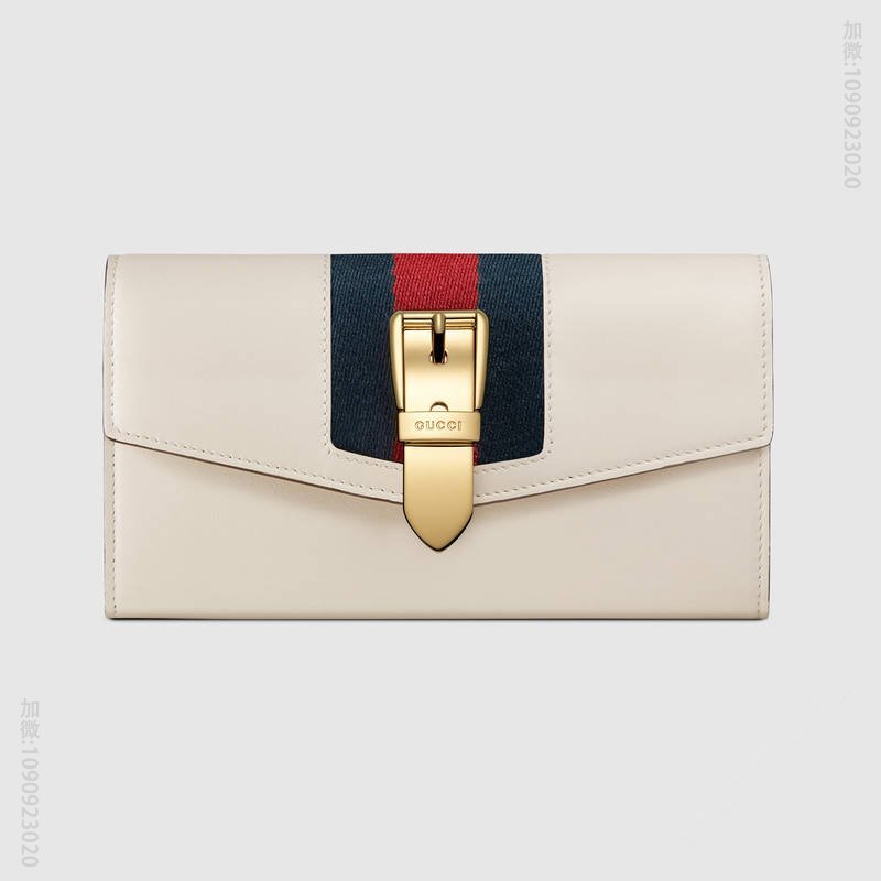 476084 GUCCI Sylvie 系列 皮革 蓝红尼龙织带拼皮 长款皮夹 白色