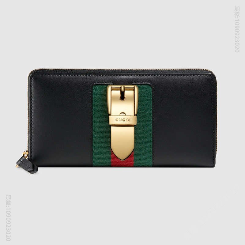 476083 GUCCI Sylvie 系列 皮革 红绿尼龙织带拼皮 全拉链式皮夹 黑色