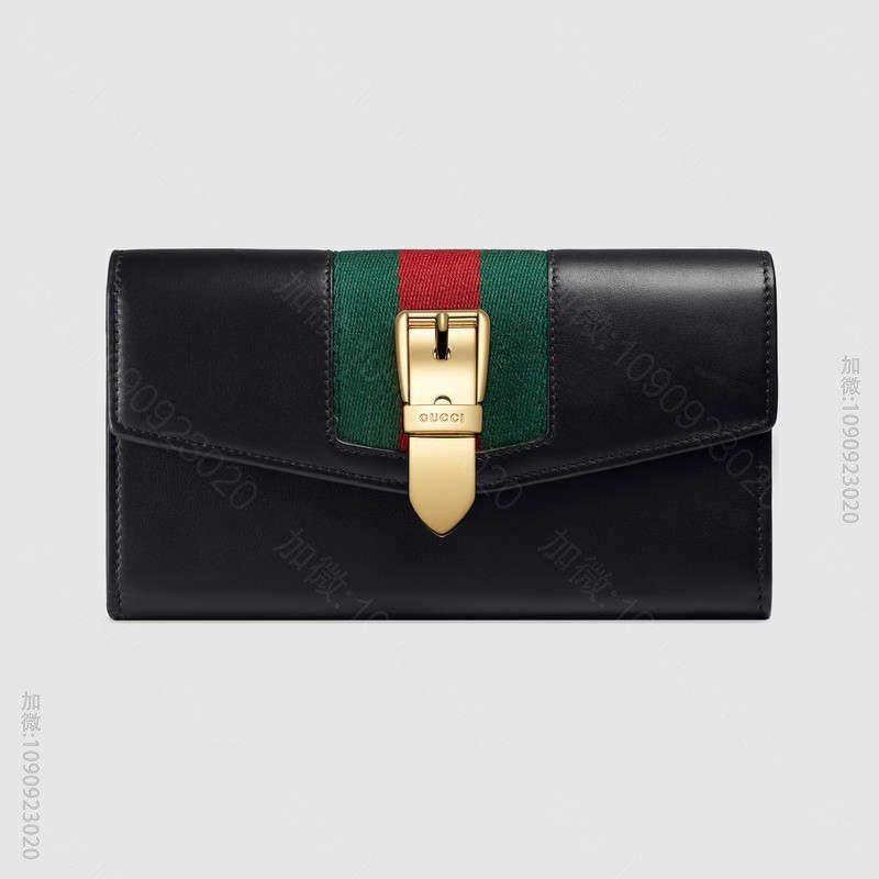 476084 GUCCI Sylvie 系列 皮革 蓝红尼龙织带拼皮 长款皮...