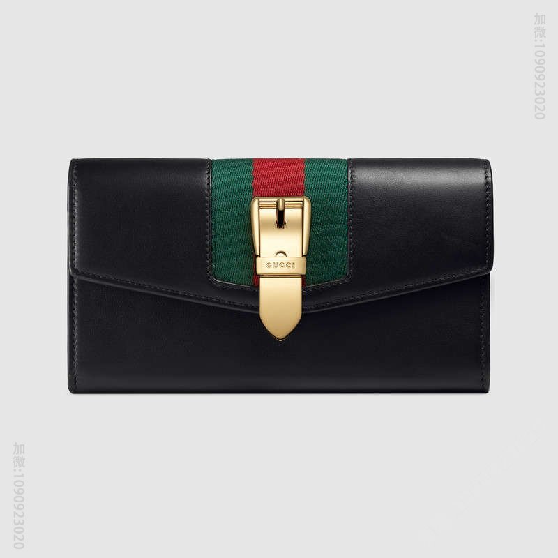 476084 GUCCI Sylvie 系列 皮革 蓝红尼龙织带拼皮 长款皮夹 黑色