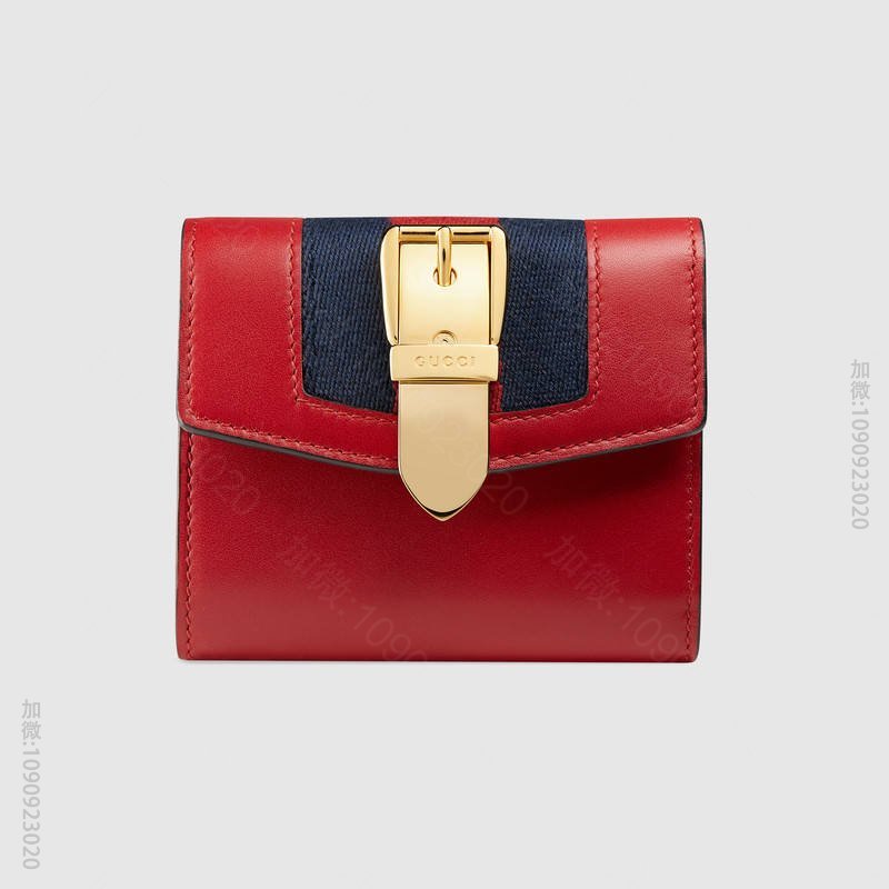 476081 GUCCI Sylvie 系列 皮革 蓝红尼龙织带拼皮 三折皮...