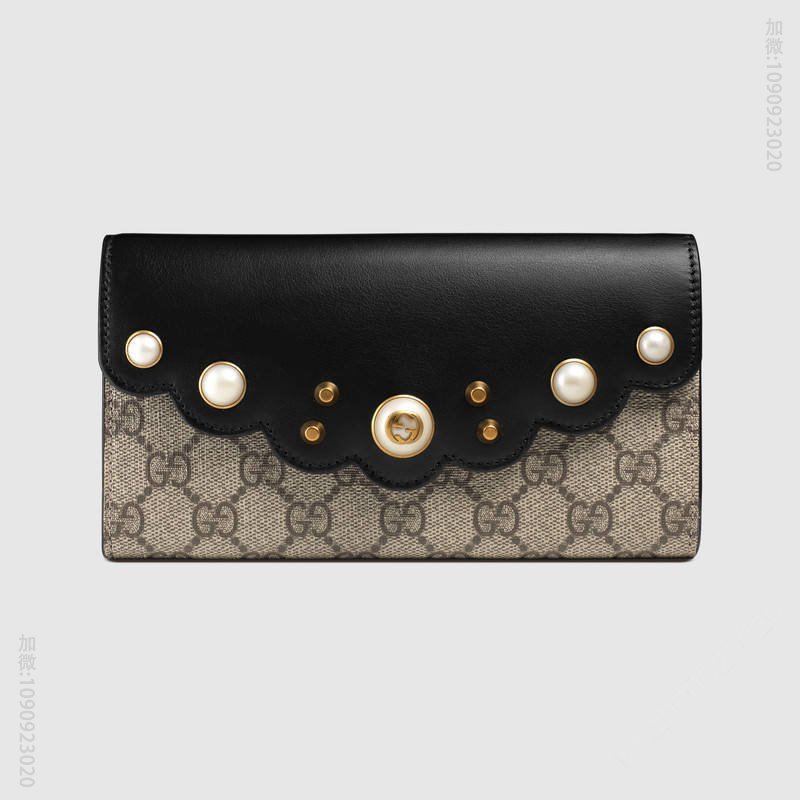 431474 GUCCI GG Supreme高级人造帆布 珍珠双G铆钉 长款皮夹 黑色