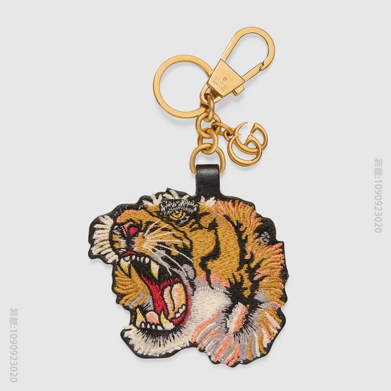 453183 GUCCI 皮革基底 虎头造型刺绣 钥匙扣 金色