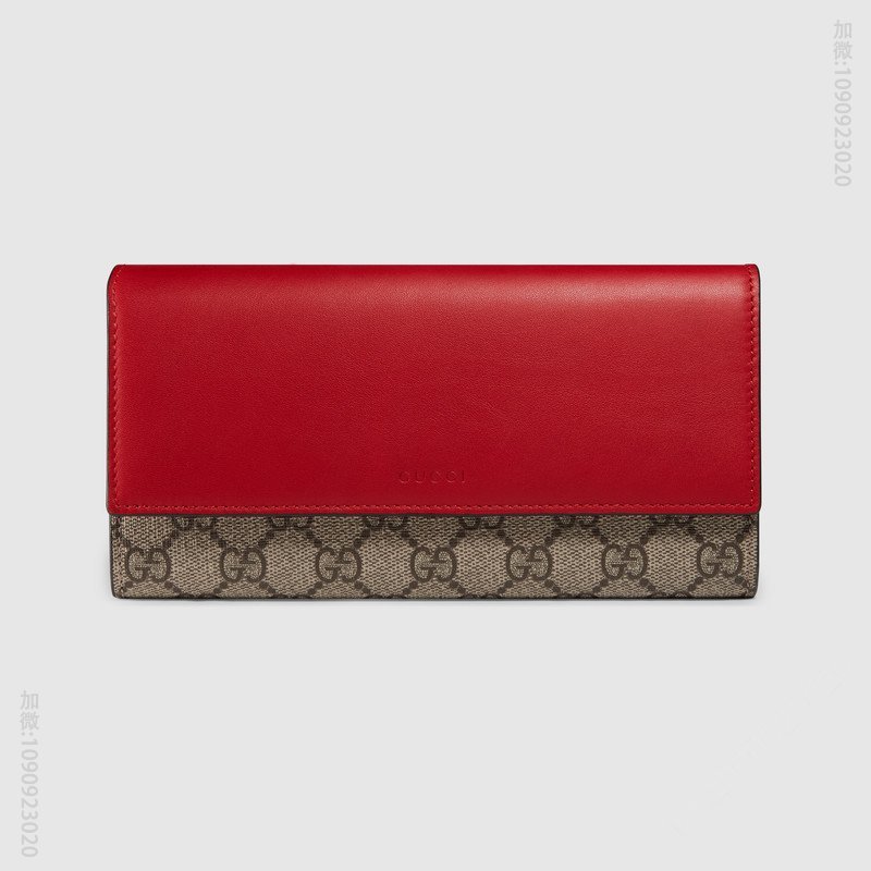 410105 GUCCI GG Supreme高级人造帆布 真皮翻盖 长款皮夹 乌木色配红