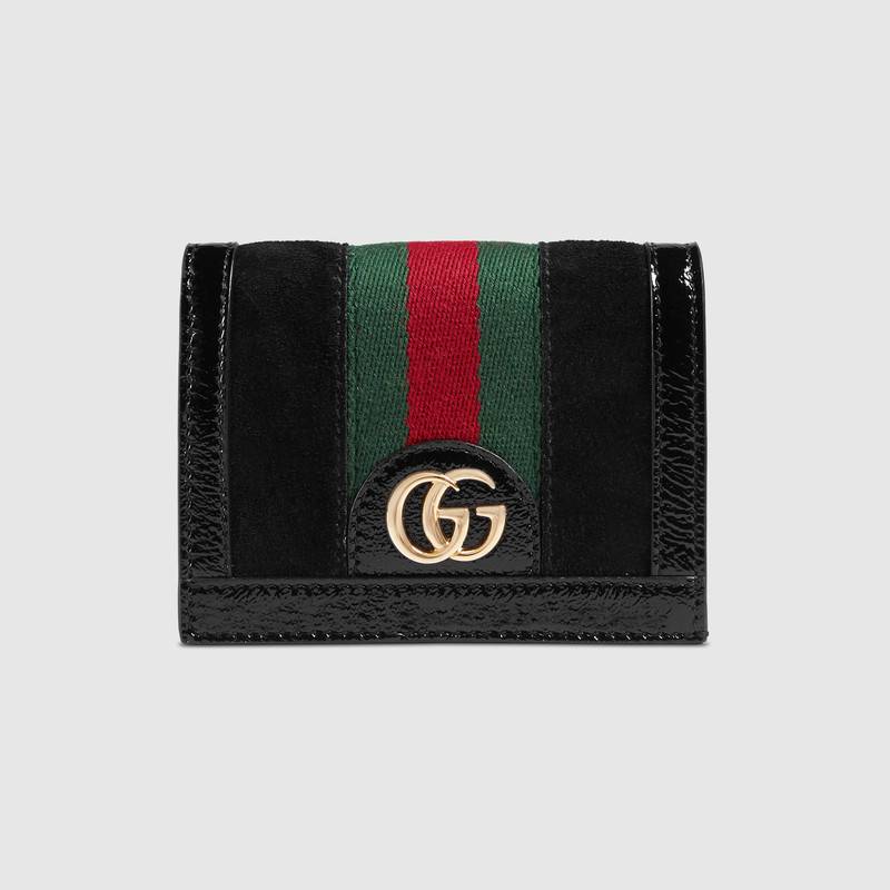 523155 Gucci Ophidia系列 麂皮搭配裂纹漆皮 条纹织带 GG卡包 黑色