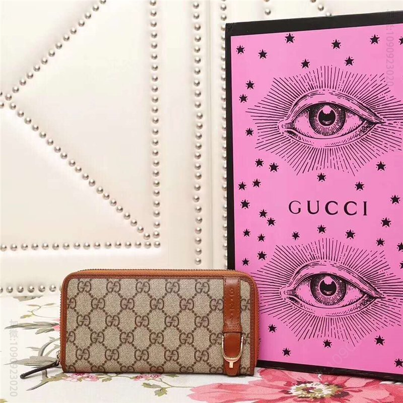 309758 GUCCI 拉链钱包 高级人造帆布 原板五金 原版牛皮 棕色