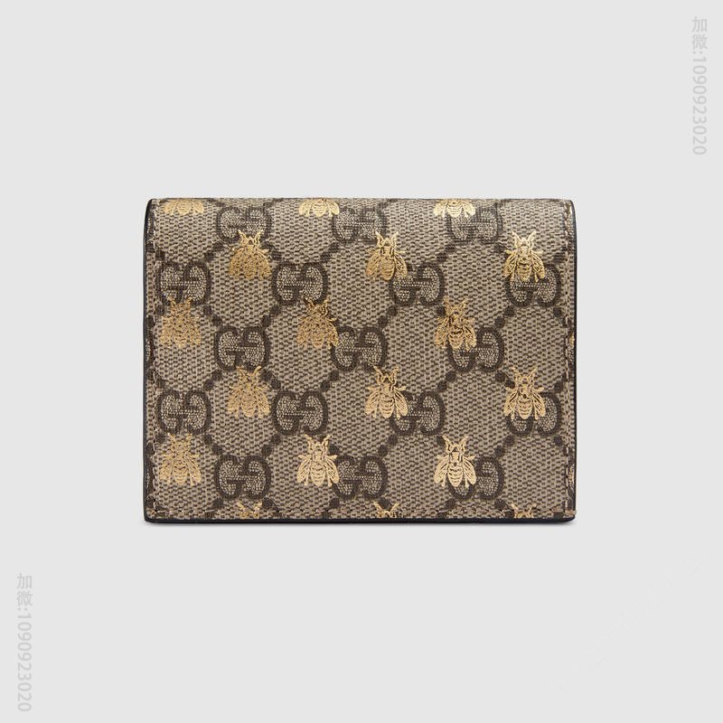 508757 Gucci 古驰钱包 蜜蜂图案 高级人造帆布 卡片夹 浅啡色
