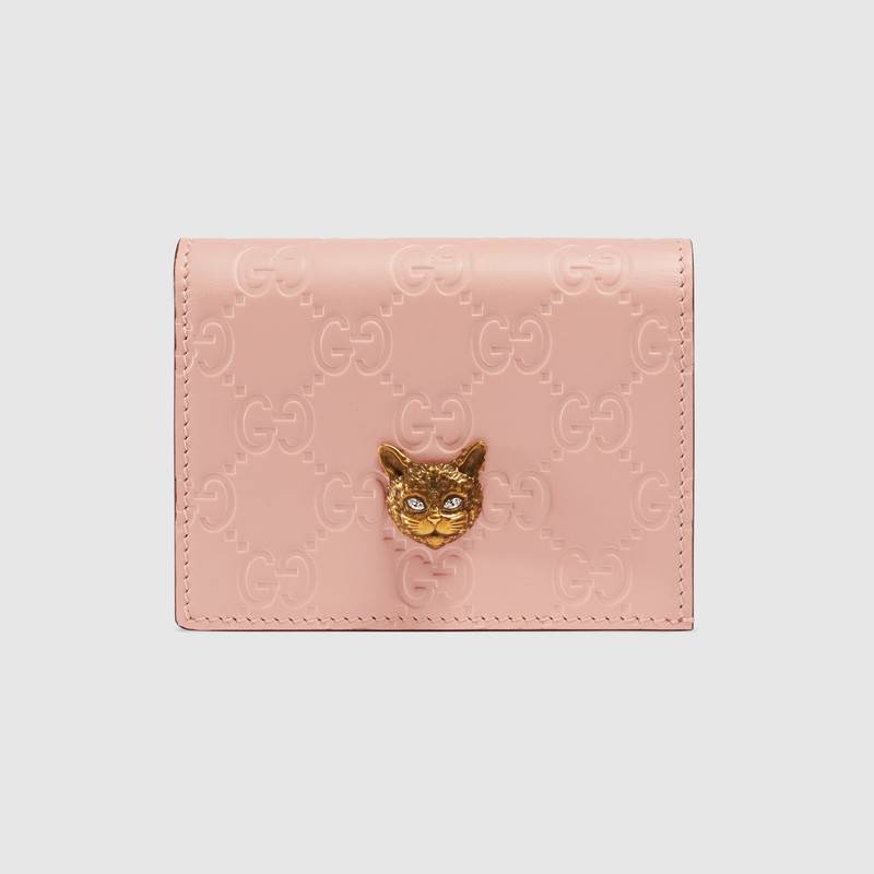 548057 Gucci Signature系列 压印皮革 猫头图案 古驰卡包 粉色