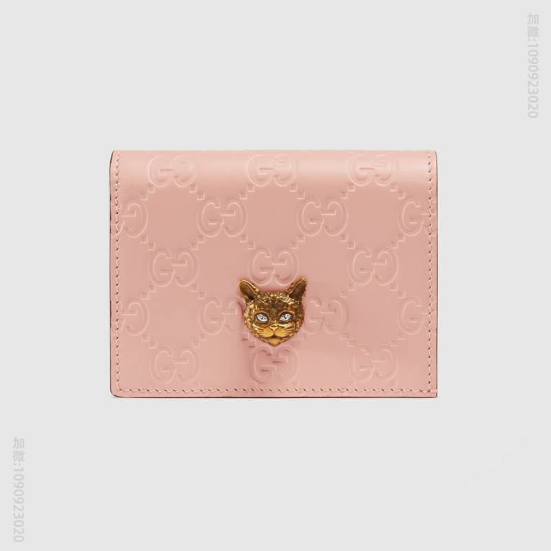 548057 Gucci Signature系列 压印皮革 猫头图案 古驰卡包 粉色