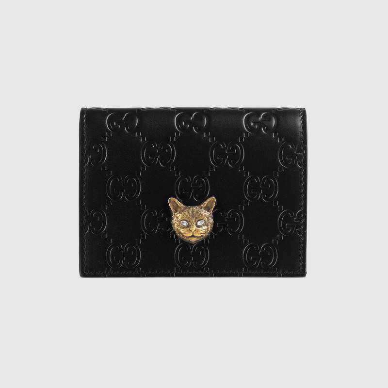 548057 Gucci Signature系列 压印皮革 猫头图案 古驰卡包 黑色