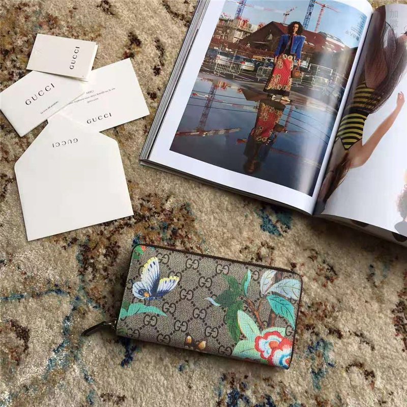424893 Gucci 古驰钱包 蝴蝶图案 双G高级人造帆布 全拉链式钱包 深啡色