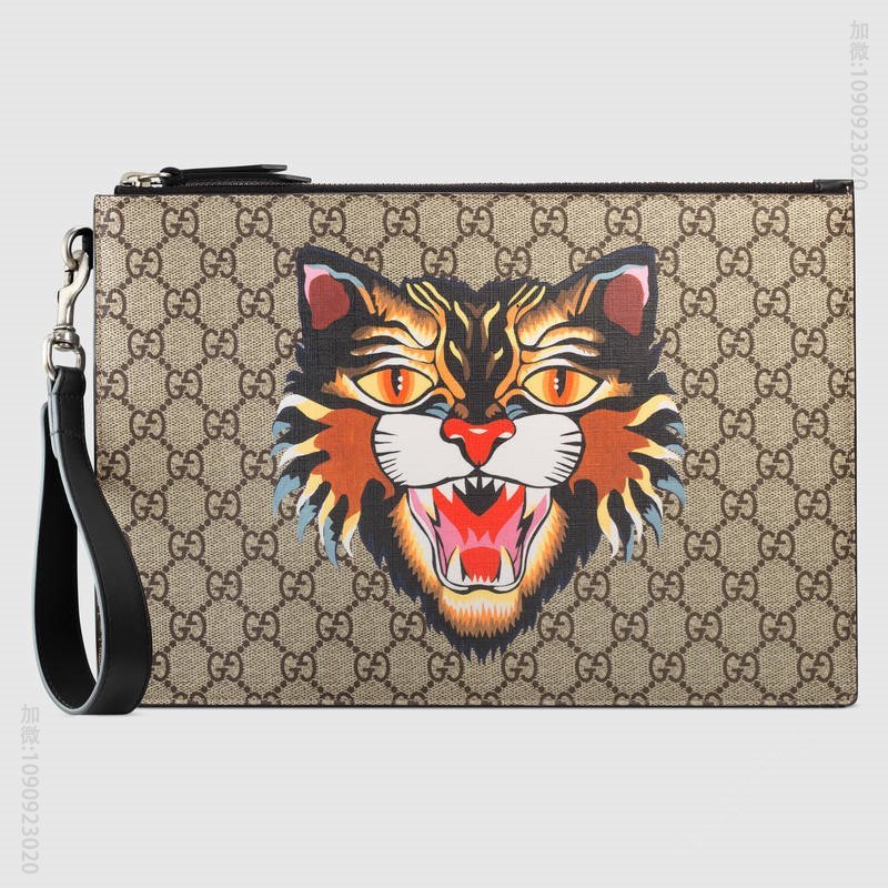 473904 古驰钱包 Gucci男包 Gucci长款钱夹 Gucci钱包 Supreme高级人造帆布 猫印花 乌木色