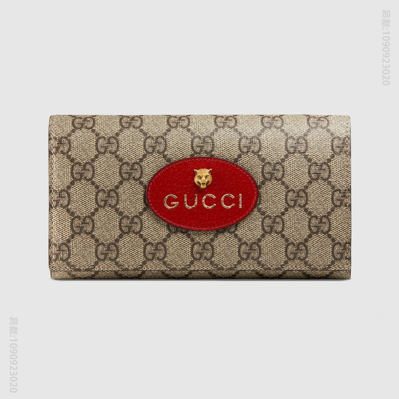 476421 古驰钱包 Gucci帆布男士钱夹 Gucci长款钱包 芙蓉红皮革虎头 乌木色