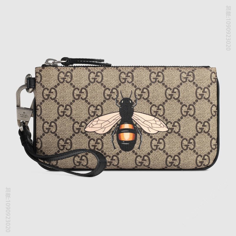 522866 Gucci男包 高级人造帆布 Gucci钱包 蜜蜂印花 Gucci手拿包 乌木色