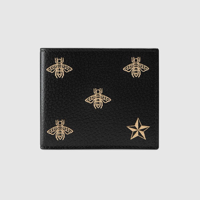495055 Gucci钱包 蜜蜂星星图案 古驰皮革钱包 短款双折钱夹 黑色