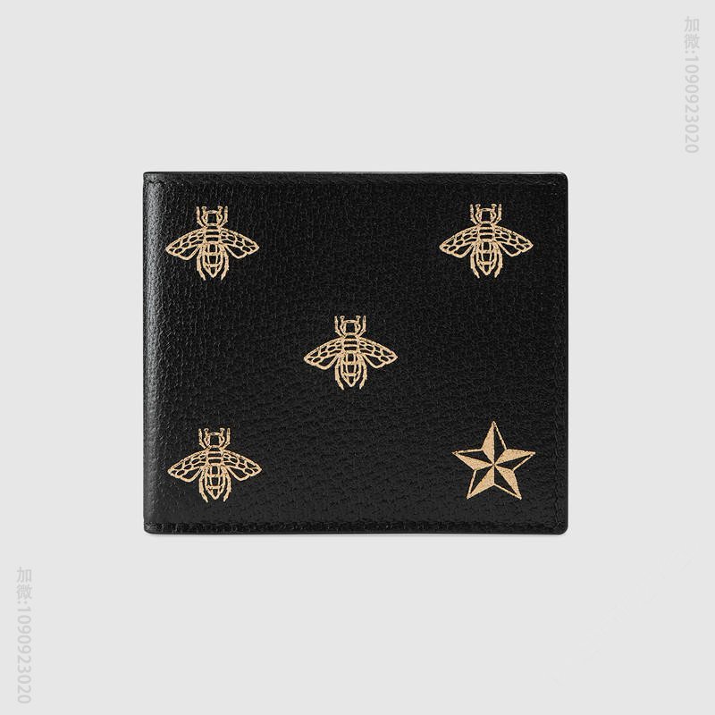 495055 Gucci钱包 蜜蜂星星图案 古驰皮革钱包 短款双折钱夹 黑色