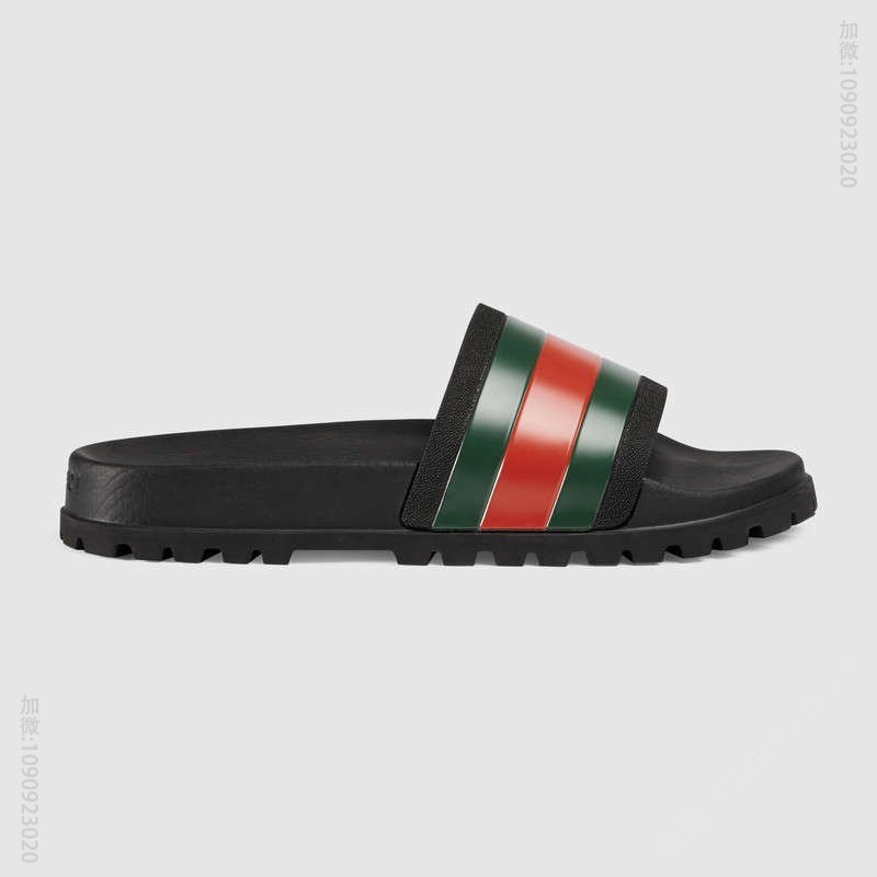 古驰男鞋 GUCCI 标志性红绿织带装饰 休闲橡胶凉拖鞋 黑色 原单古驰男鞋 高仿古驰 429469