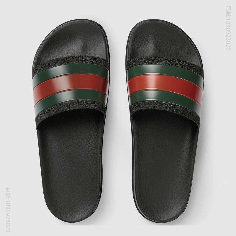 古驰男鞋 GUCCI 标志性红绿织带装饰 休闲橡胶凉拖鞋 黑色 原单古驰男鞋 高仿古驰 429469