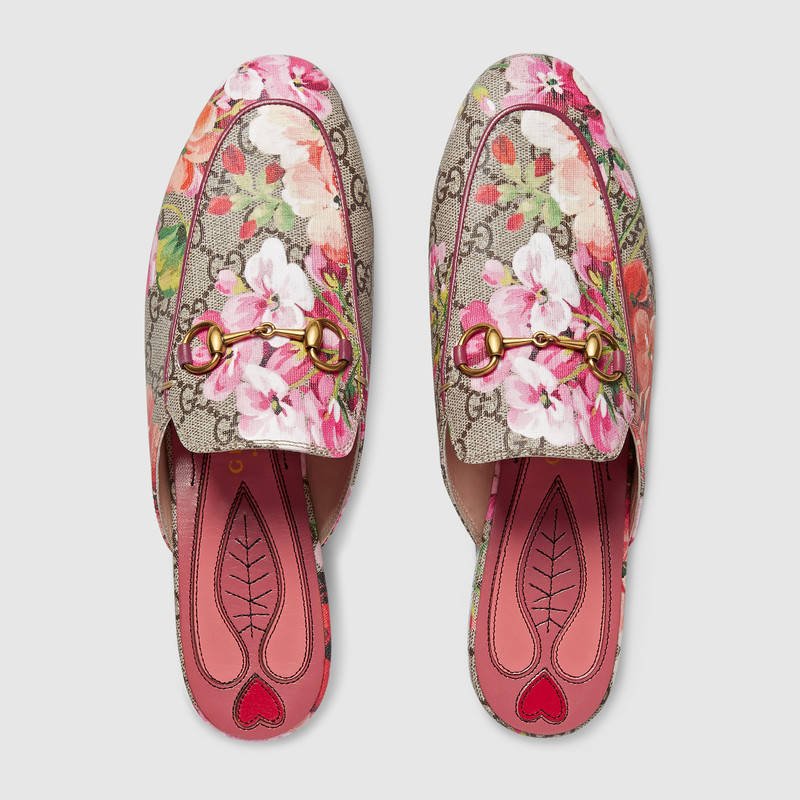 古驰女鞋 Princetown系列 GG Blooms印花 皮革拖鞋 粉色 原单古驰女鞋 高仿古驰 432772