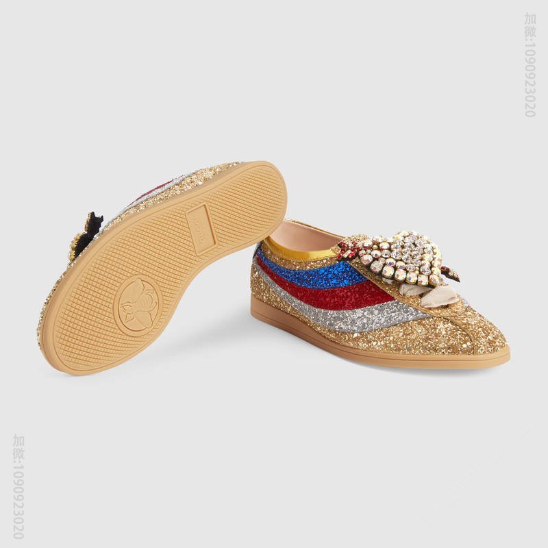 古驰女鞋 GUCCI Falacer织带装饰 复古风 闪光面料 低帮运动鞋 金色 原单古驰女鞋 高仿古驰 494609