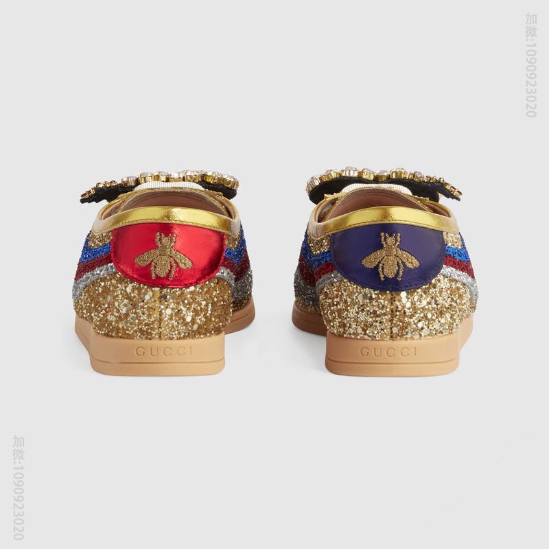 古驰女鞋 GUCCI Falacer织带装饰 复古风 闪光面料 低帮运动鞋 金色 原单古驰女鞋 高仿古驰 494609