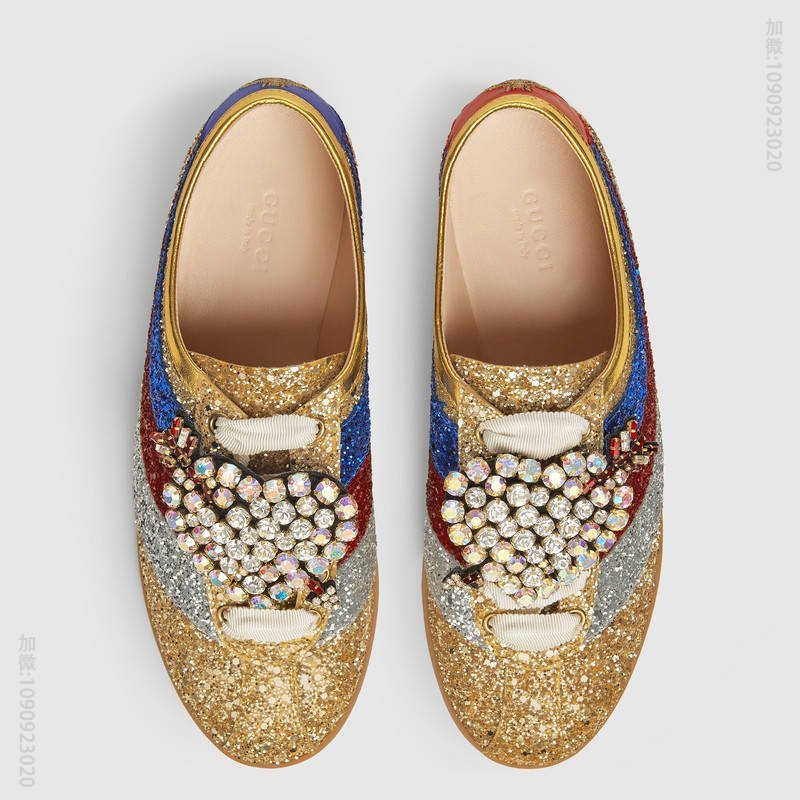古驰女鞋 GUCCI Falacer织带装饰 复古风 闪光面料 低帮运动鞋 金色 原单古驰女鞋 高仿古驰 494609