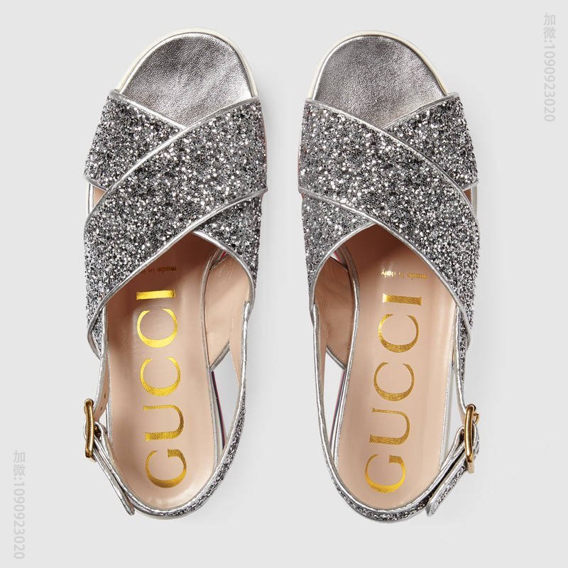 古驰女鞋 GUCCI 闪光面料交叉带 防水台凉鞋 闪光银色 原单古驰女鞋 高仿古驰 474534