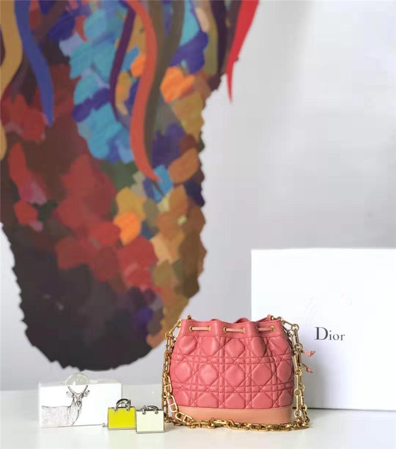 迪奥女包 Dior迪奥 复古小水桶包 藤格纹牛皮 抽绳 mini迪奥水桶包 粉色 原单迪奥 M6016