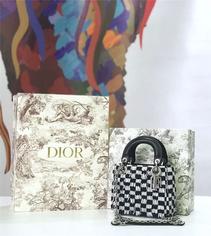 迪奥女包 Dior迪奥 黑白棋盘格系列 流珠戴妃包 小香风手提包 Dior单肩包 原单迪奥 M598