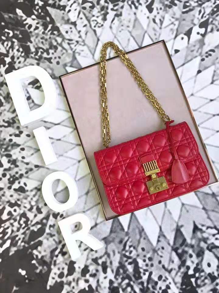 迪奥女包 Dior Addict女包 小羊皮 藤格纹 翻盖式 迪奥手提包 大红色 高仿迪奥女包 M5818