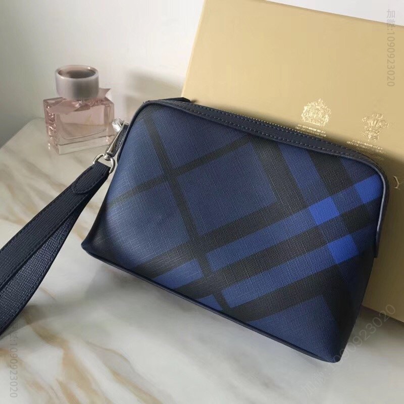 Burberry新款男包 小牛皮London格纹 多功能 巴宝莉男士手拿包 蓝色