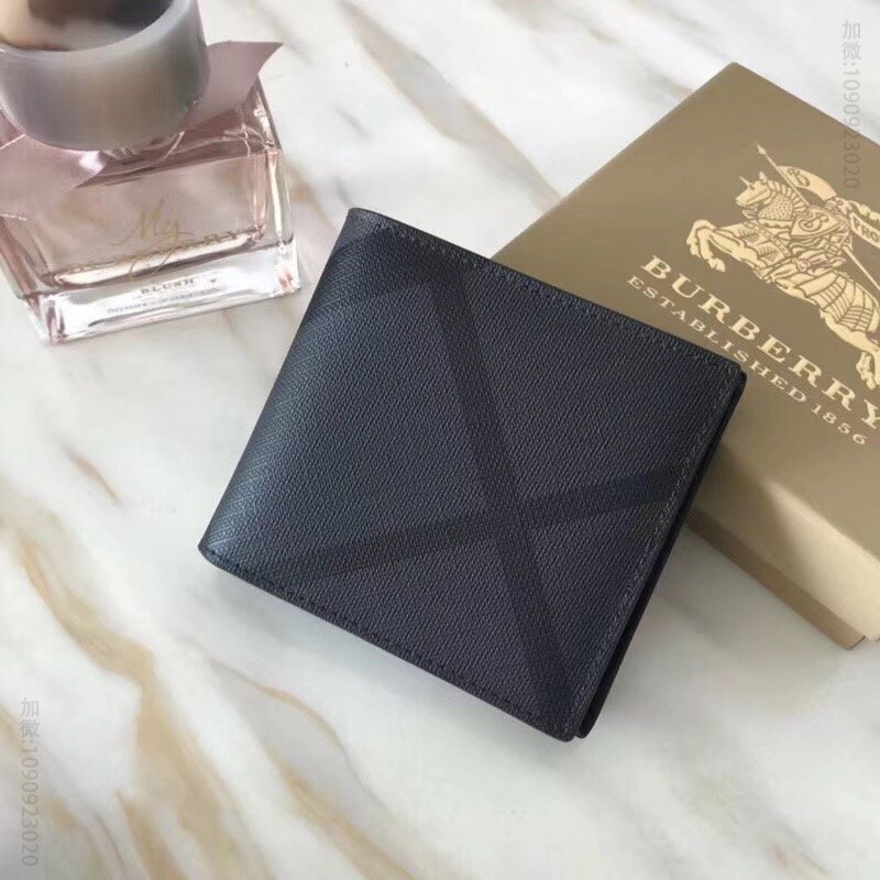 80060611 Burberry男款钱夹 London格纹拼皮革 短款 巴宝莉双折西装夹 炭黑