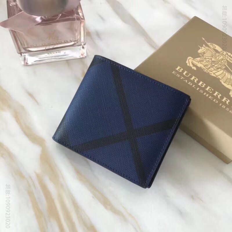 80060611 Burberry男款钱夹 London格纹拼皮革 短款 巴宝莉双折西装夹 海军蓝