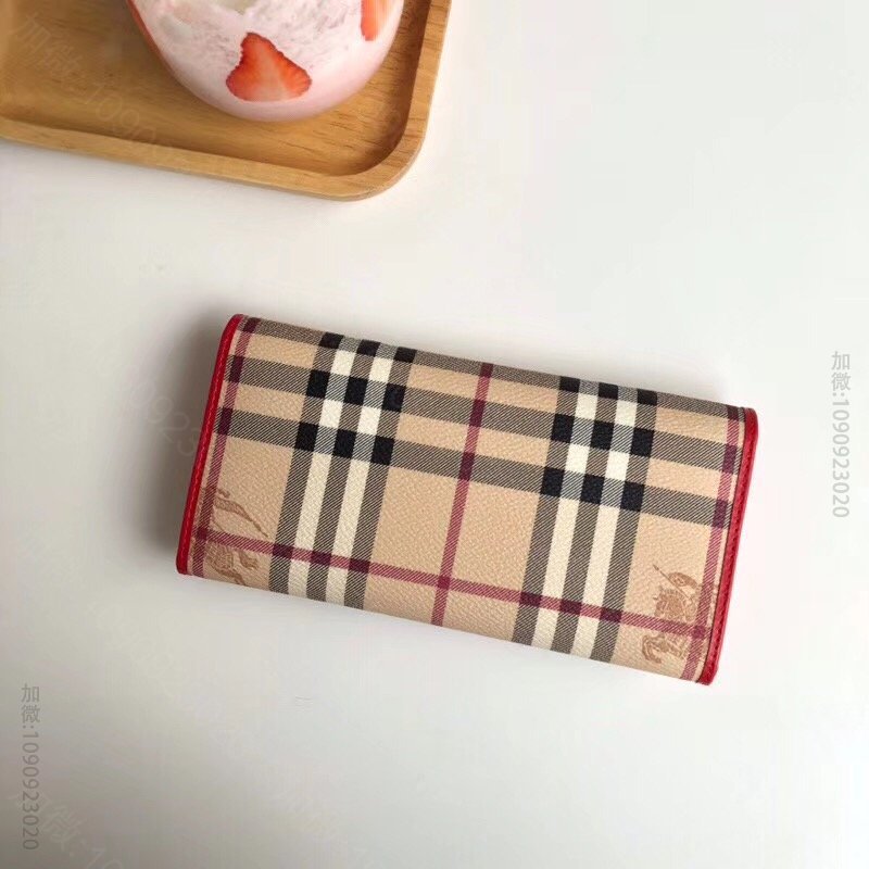 Burberry巴宝莉 经典格纹按扣 战马印花 女士长款钱包 大红