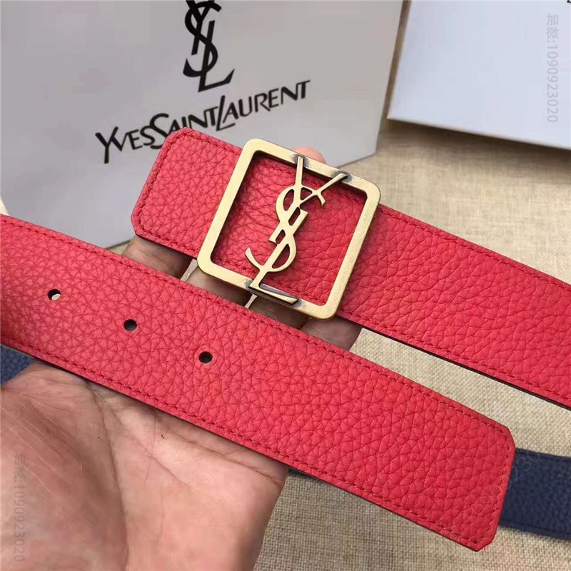 迪圣罗兰皮带 圣罗兰YSL女士腰带 头层牛皮荔枝纹 实心复古铜扣头 双面可用 红色 原单圣罗兰腰带 