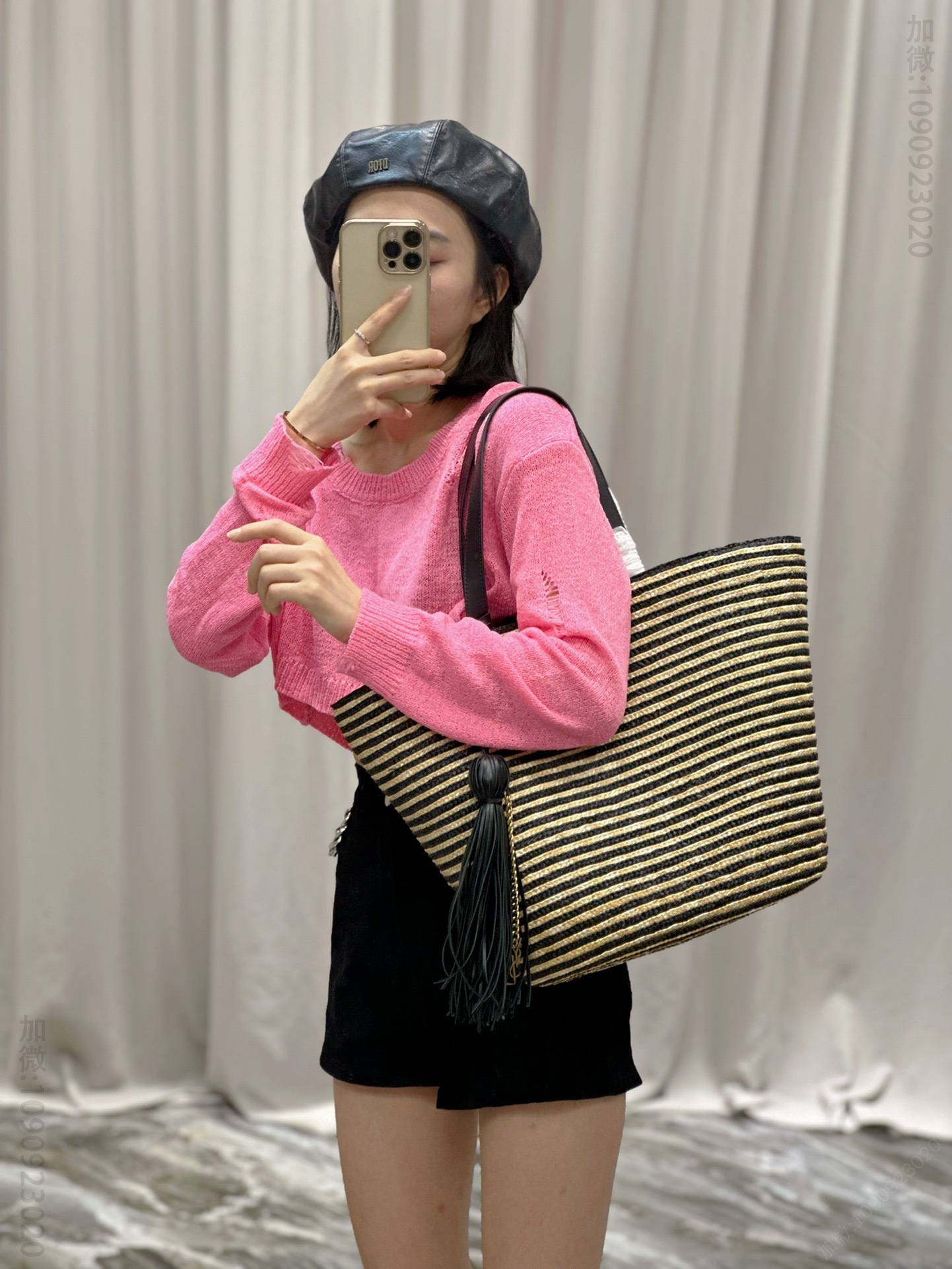 高仿圣罗兰女包 YSL圣罗兰女包 拉菲草藤编工艺水桶包 黑杏条纹 600308