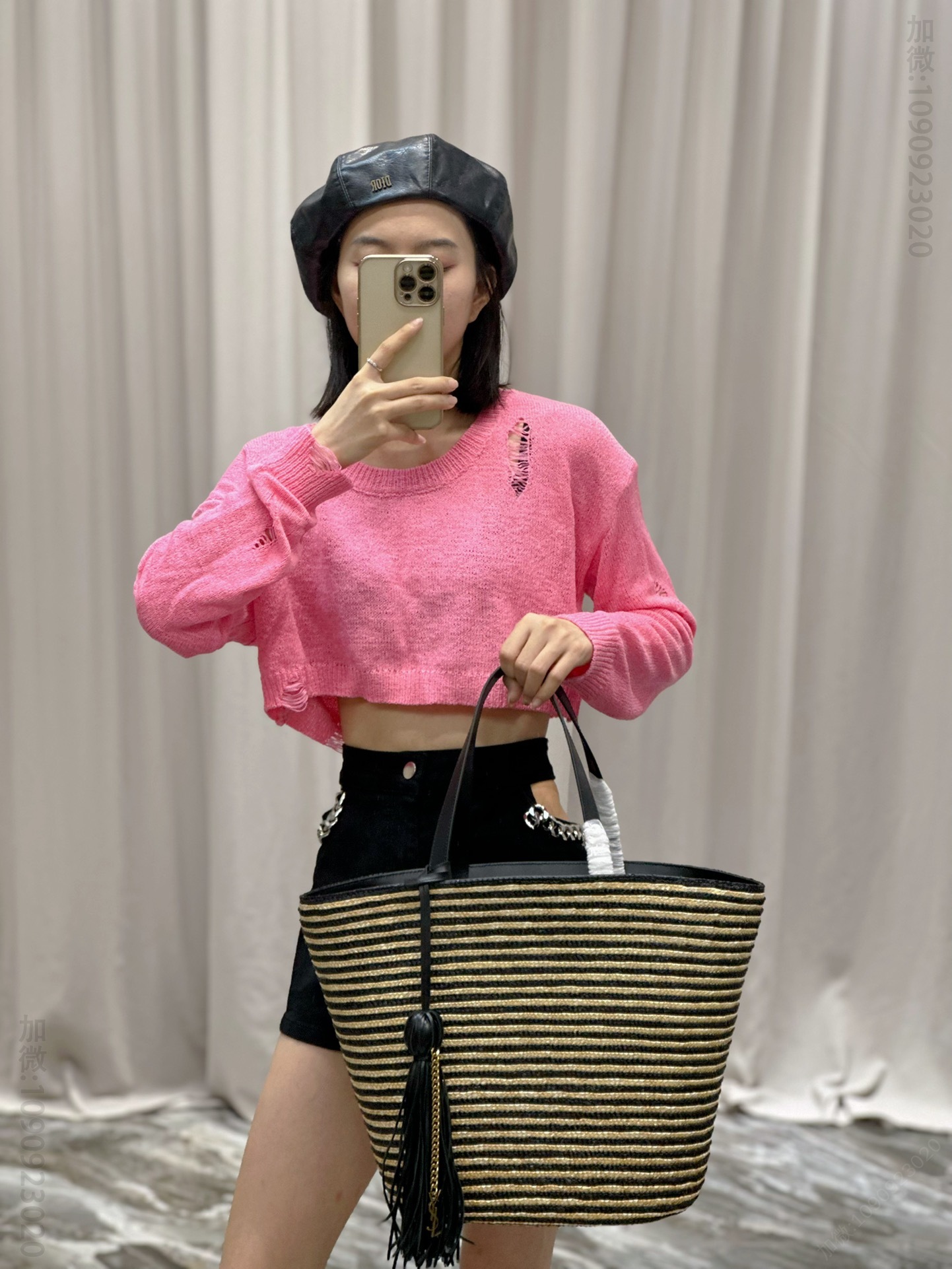 高仿圣罗兰女包 YSL圣罗兰女包 拉菲草藤编工艺水桶包 黑杏条纹 600308