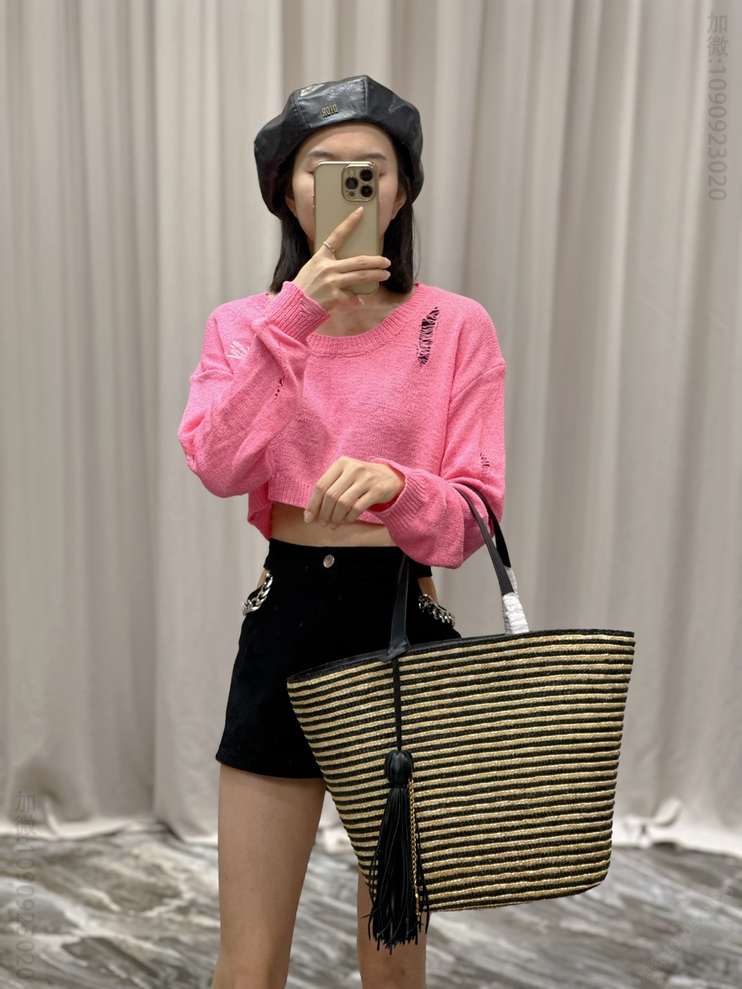 高仿圣罗兰女包 YSL圣罗兰女包 拉菲草藤编工艺水桶包 黑杏条纹 600308