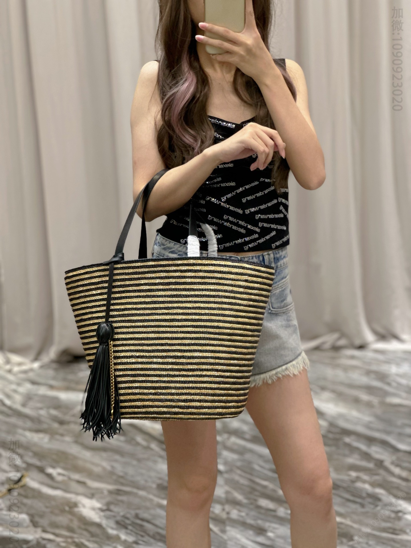 高仿圣罗兰女包 YSL圣罗兰女包 拉菲草藤编工艺水桶包 黑杏条纹 600308