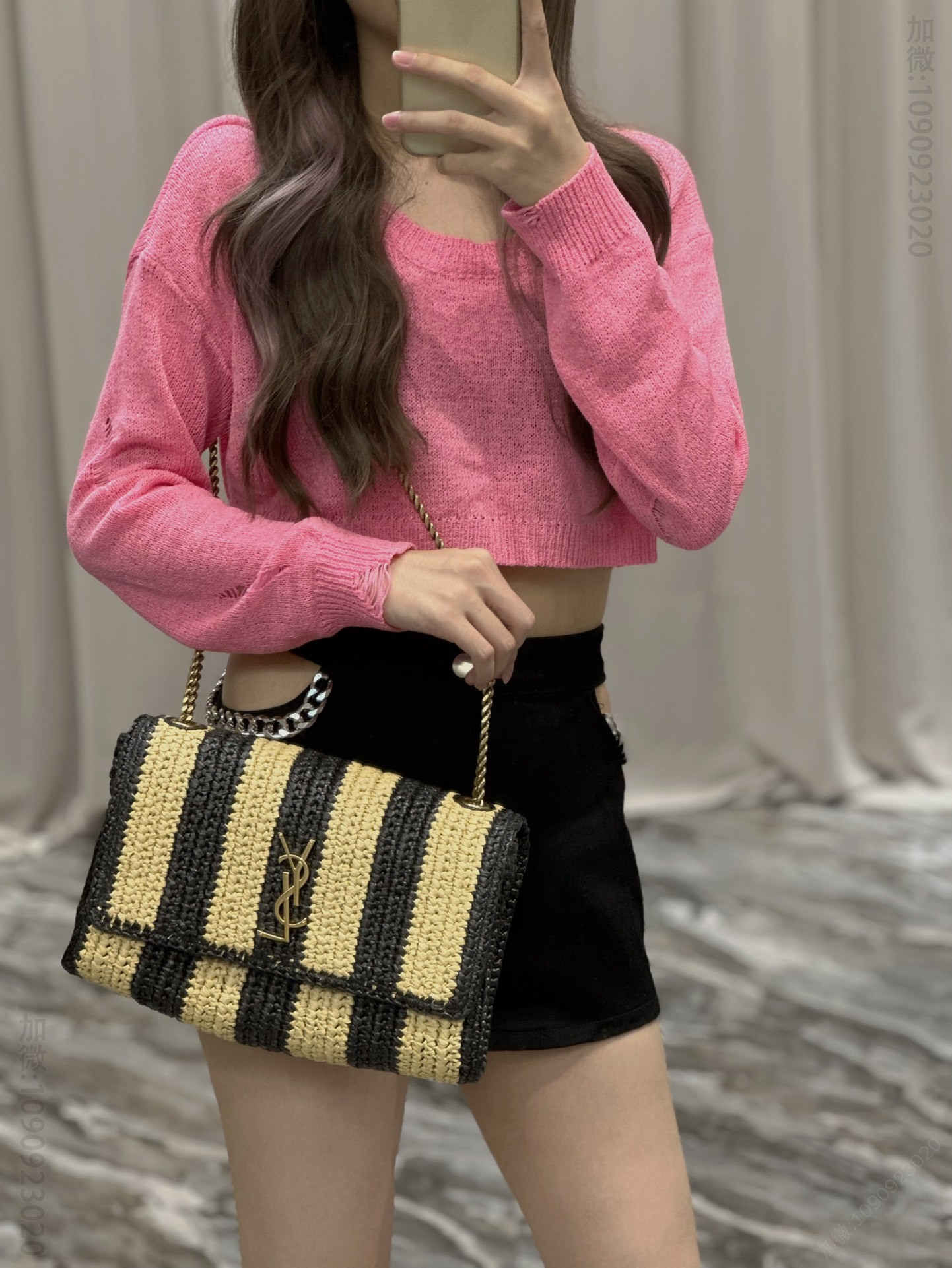 原单圣罗兰女包 YSL Kate 圣罗兰拉菲草编工艺链条包 黑杏条纹 553804