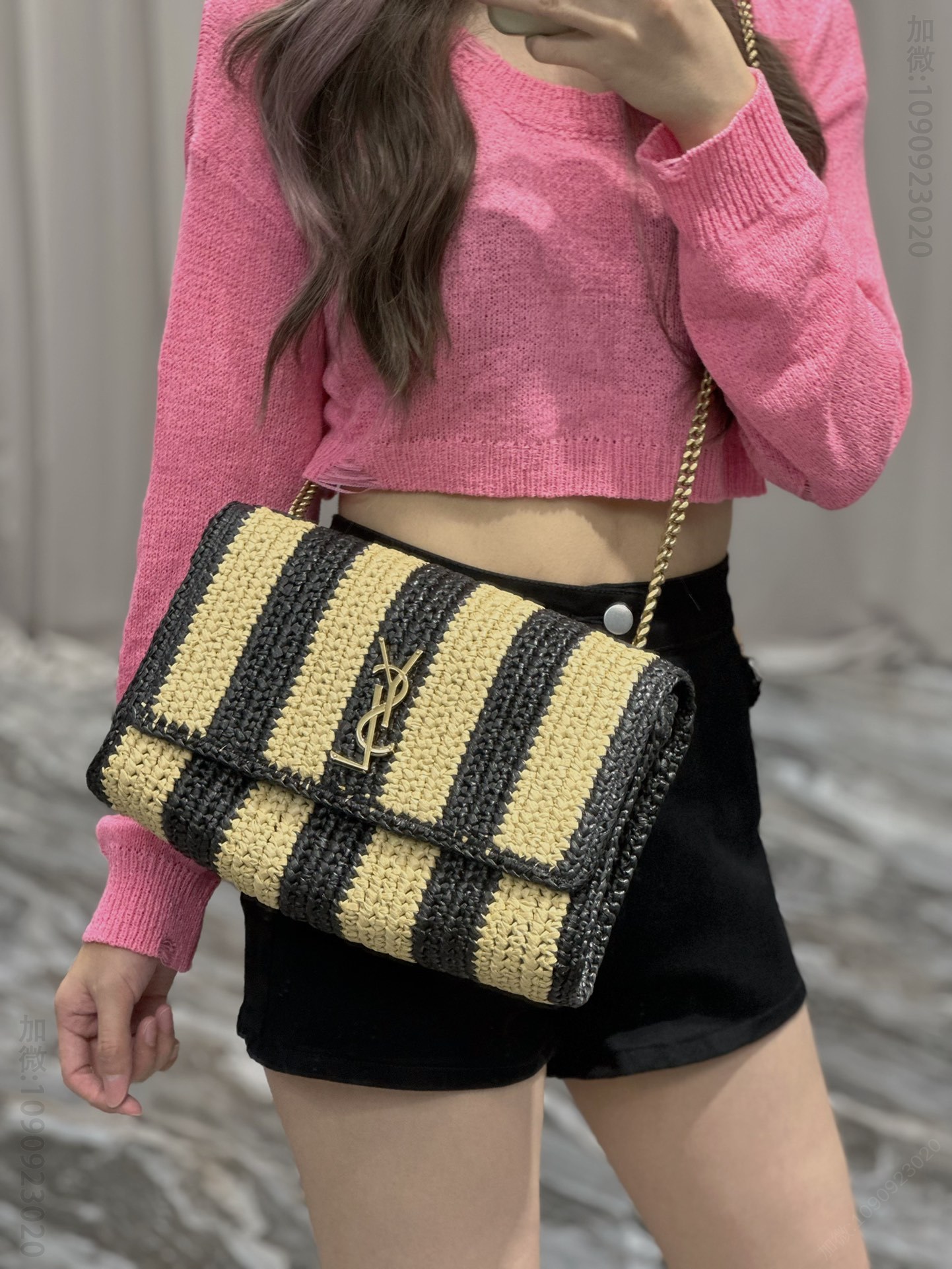 原单圣罗兰女包 YSL Kate 圣罗兰拉菲草编工艺链条包 黑杏条纹 553804