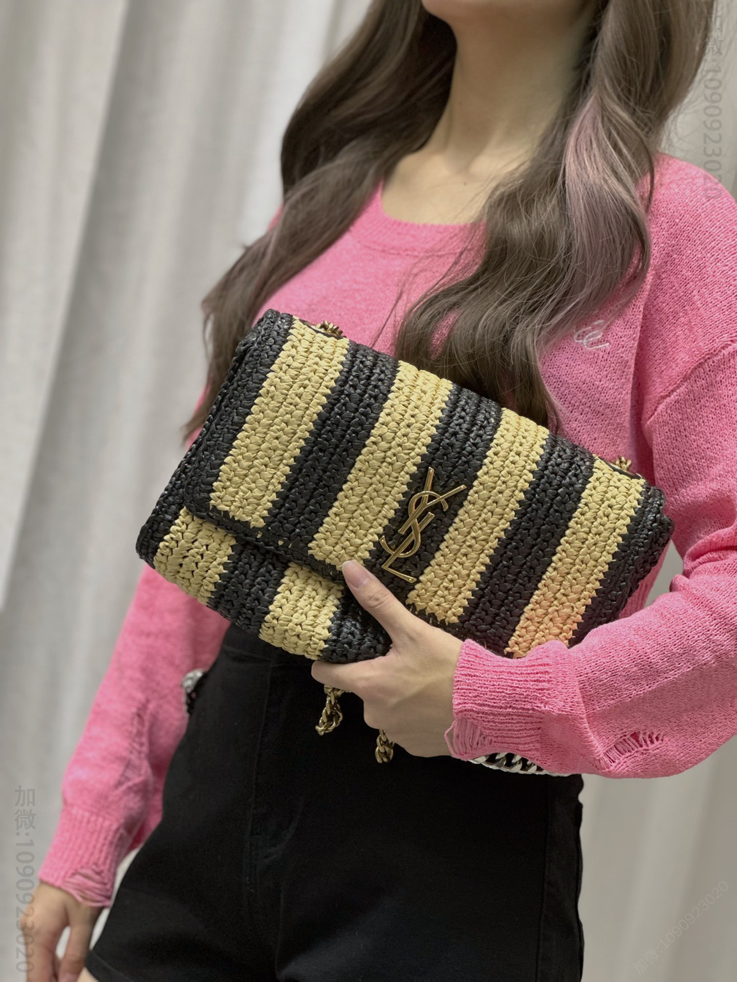 原单圣罗兰女包 YSL Kate 圣罗兰拉菲草编工艺链条包 黑杏条纹 553804