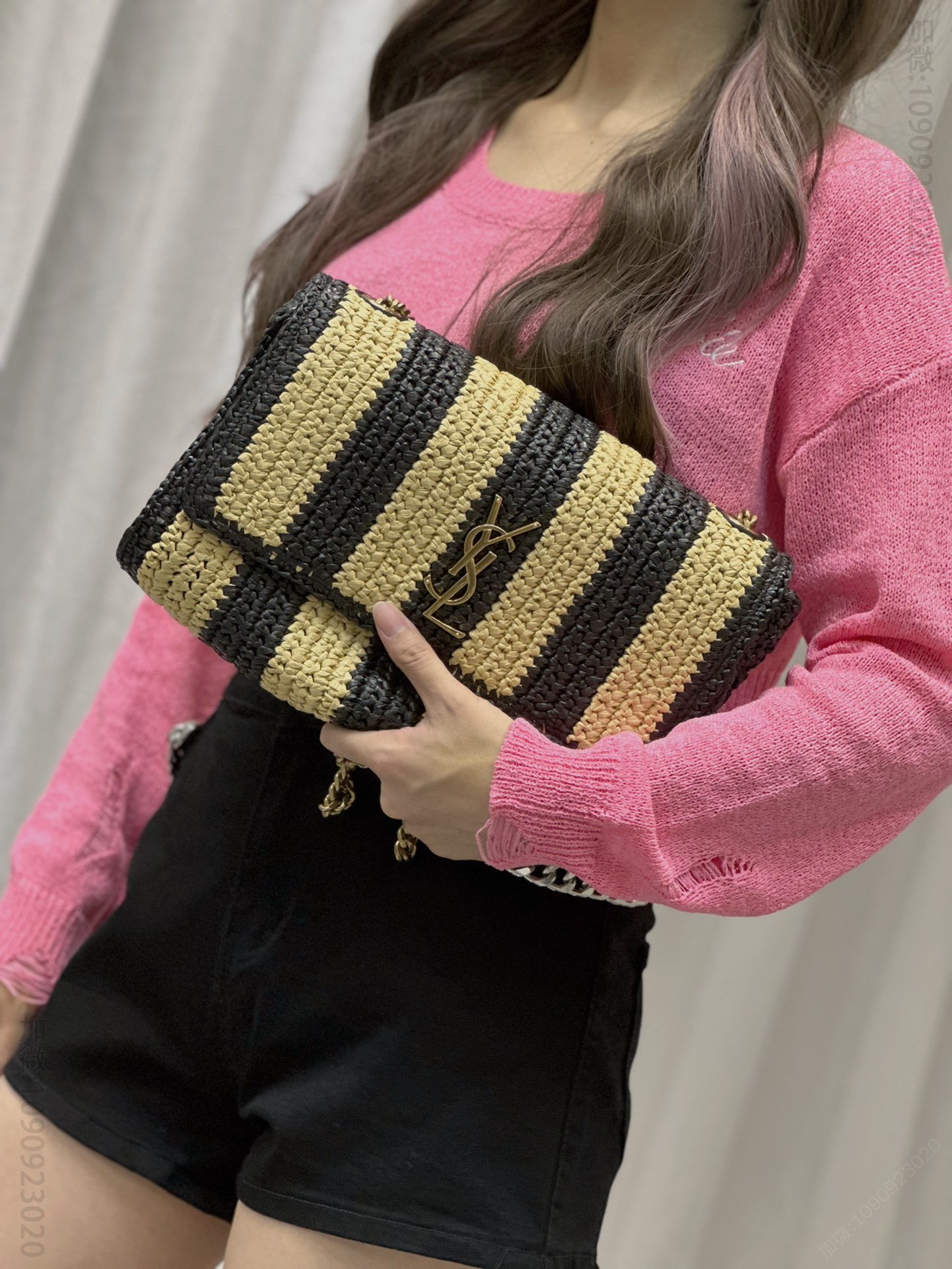 原单圣罗兰女包 YSL Kate 圣罗兰拉菲草编工艺链条包 黑杏条纹 553804
